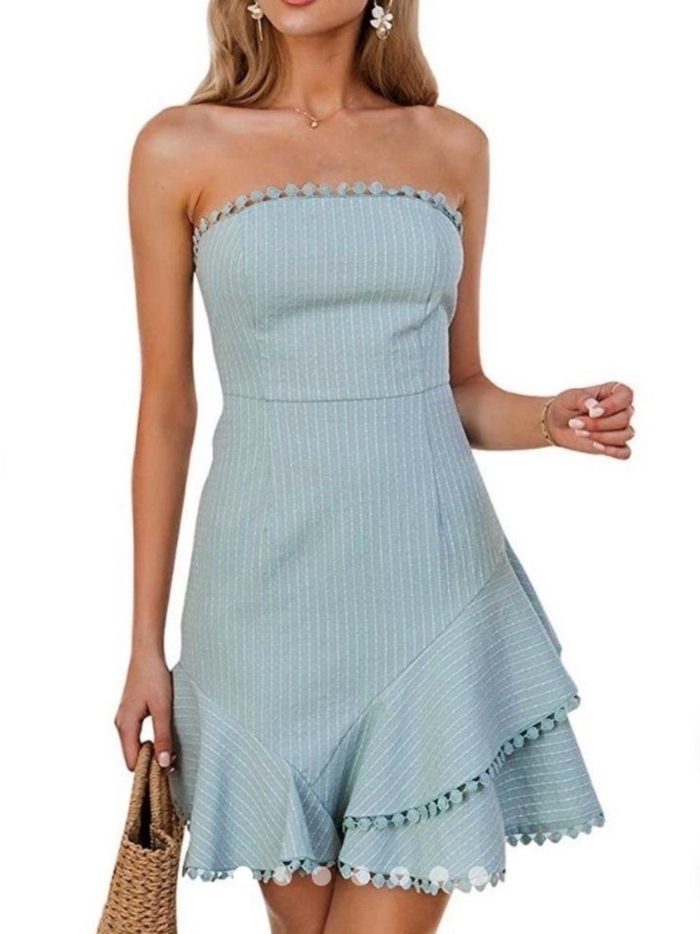 NWT Simplee Strapless Mint-Blue Pinstripe mini Dress back tie Pom Pom sz large